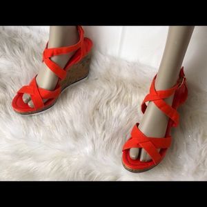 Candie’s orange canvas strap buckle open toe wedge
